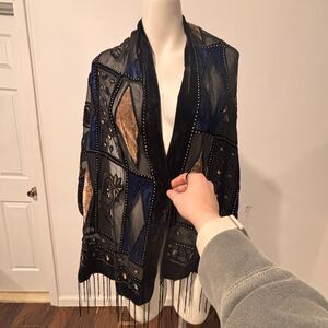 Bohemian Sheer Silk Dark Jewel Tone Art To Wear Mixed Media Scarf Shawl